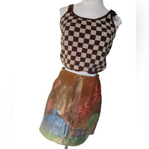 Vintage Mod Patchwork & painted Genuine Suede Leather Mini back zip Skirt 24”